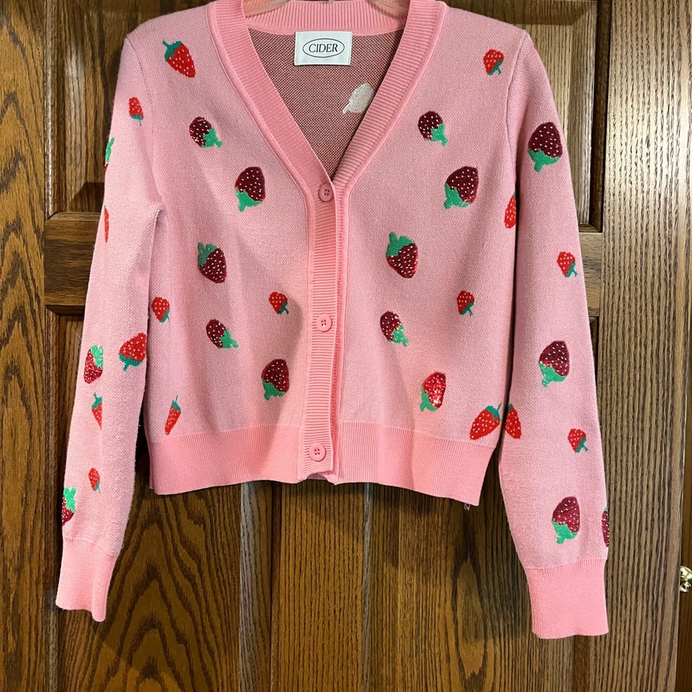 Cider Pink Knit Strawberry Themed Sequined Cardigan Sweater -Size M